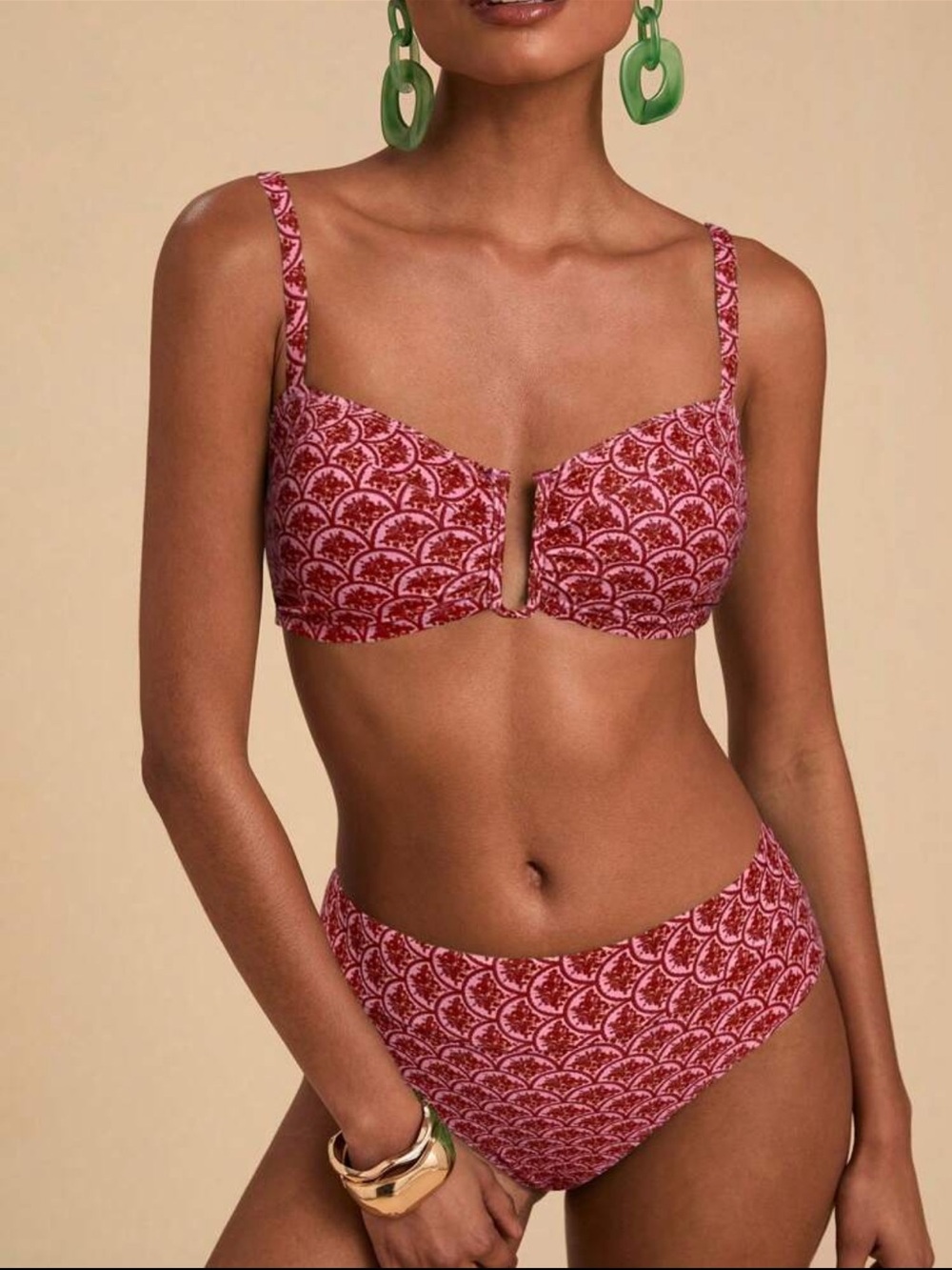 Women’s Pink Patterned Underwire Bikini Top & High Waist Bottomsuit